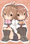  2girls :3 anchor_symbol black_legwear brown_eyes brown_hair closed_eyes fang folded_ponytail hair_between_eyes hair_ornament hairclip highres ikazuchi_(kantai_collection) inazuma_(kantai_collection) kantai_collection kneehighs long_hair long_sleeves mittens multiple_girls neckerchief open_mouth school_uniform serafuku short_hair thigh-highs 