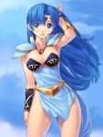  1girl blue_eyes blue_hair blue_sky blush gauntlets highres jewelry long_hair looking_at_viewer mugen_senshi_valis open_mouth revealing_clothes sky smile solo tiara uchiu_kazuma valis valis_ii yuko_ahso 