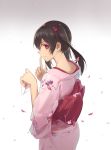  1girl black_hair finger_to_mouth floral_print gensou_kuro_usagi gradient gradient_background hair_ribbon highres japanese_clothes kimono letter long_sleeves looking_at_viewer love_letter love_live!_school_idol_project petals pink_eyes revision ribbon sash shushing smile solo twintails wide_sleeves yazawa_nico 