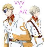  2boys aldnoah.zero blonde_hair blue_eyes cain_dressel cain_dressel_(cosplay) cape cosplay cruhteo eyepatch kakumeiki_valvrave l-elf l-elf_(cosplay) military military_uniform multiple_boys silver_hair slaine_troyard unakura uniform 