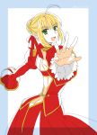  1girl ahoge ao_(sodalite) blonde_hair dress epaulettes fate/extra fate_(series) green_eyes outstretched_hand red_dress saber_extra solo 