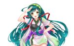  1girl ahoge blush green_hair hairband japanese_clothes long_hair looking_at_viewer moyon muneate open_mouth salute smile solo touhoku_zunko very_long_hair vocaloid yellow_eyes 