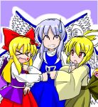  &gt;_&lt; 3girls ^_^ angel_wings blonde_hair blue_hair closed_eyes elis_(touhou) facial_mark grin hair_ornament hair_ribbon high_collar jacket japanese_clothes locked_arms looking_at_another miera multiple_girls red_eyes ribbon sariel shirt smile star sweatdrop touhou touhou_(pc-98) wide_sleeves wings yuugenmagan 