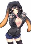  1girl animal_ears black_hair breasts brown_eyes cleavage gloves hooded_jacket jacket marisasu_(marisa0904) open_clothes open_jacket paw_gloves pointy_ears rabbit_ears short_hair shorts solo thigh-highs 