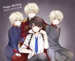  4boys aldnoah.zero blonde_hair brown_eyes brown_hair collar dated happy_birthday kaizuka_inaho leash military military_uniform multiple_boys multiple_persona ne_co_neco silver_hair sitting slaine_troyard uniform 