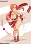  1girl blown_kiss breasts cleavage cosplay fan freckles full_body green_eyes japanese_clothes king_of_fighters kote large_breasts leaning_forward long_hair orange_hair original ponytail shiranui_mai shiranui_mai_(cosplay) silly_girl sinner!_(sillygirl) socks solo 
