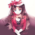  1girl blue_eyes brown_hair byulrorqual fate/stay_night fate_(series) formal hat hat_ribbon jewelry necklace pearl_necklace ribbon solo toosaka_rin two_side_up 