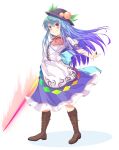  1girl blue_hair boots facing_away food fruit hat highres hinanawi_tenshi knee_boots layered_dress leaf long_hair nekomiyanono outstretched_arm peach puffy_short_sleeves puffy_sleeves red_eyes ribbon short_sleeves simple_background sneer solo sword_of_hisou touhou white_background wind 