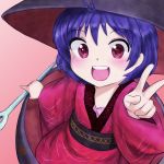  1girl blue_hair blush bowl hat highres in_bowl in_container japanese_clothes kimono looking_at_viewer minigirl needle niala obi open_mouth pink_background red_eyes sash short_hair simple_background solo sukuna_shinmyoumaru touhou urban_legend_in_limbo v 
