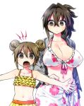  2girls bikini black_hair blush breasts brown_eyes brown_hair chankodining_waka cleavage fang flat_chest front-tie_top highres jacket kagami_ryouko kanayama_nao large_breasts looking_at_viewer multiple_girls navel open_mouth original outstretched_arms sarong short_hair simple_background swimsuit white_background 