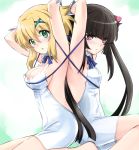  2girls absurdres akatsuki_kirika armpits black_hair blonde_hair breasts cosplay dungeon_ni_deai_wo_motomeru_no_wa_machigatteiru_darou_ka green_eyes hestia_(danmachi) hestia_(danmachi)_(cosplay) highres hinahime long_hair looking_at_viewer multiple_girls pink_eyes rei_no_himo ribbon senki_zesshou_symphogear short_hair tsukuyomi_shirabe twintails 