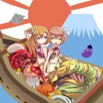  2girls blue_eyes boat brown_hair eggplant eye_contact hair_ribbon hatsuyume highres holding_hands hoshizora_rin kousaka_honoka looking_at_another love_live!_school_idol_project mermaid_costume midriff minami_kotori_(bird) mount_fuji multiple_girls one_side_up ribbon shikei_(jigglypuff) short_hair smile sunburst yellow_eyes 