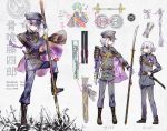  2boys age_comparison alternate_costume aqua_hair artist_name cape character_name character_sheet english gloves hat honebami_toushirou ichigo_hitofuri male_focus military military_uniform multiple_boys naginata namie-kun necktie polearm sode spear sword touken_ranbu uniform violet_eyes wakizashi weapon white_gloves white_hair 