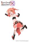  1girl absurdres boots copyright_name highres looking_at_viewer looking_back matuken1027 midriff navel open_mouth red_eyes redhead running short_twintails skirt solo tubetop twintails 