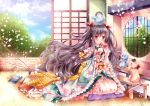  1girl apple bird black_hair book cat food frills fruit japanese_clothes long_hair nogi_takayoshi original penguin red_eyes robot solo twintails very_long_hair 