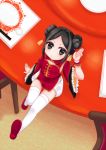  1girl black_eyes black_hair bloomers chair child china_dress chinese_clothes chopsticks double_bun from_above hair_bun leg_lift long_hair looking_up original plate sitting solo table thigh-highs underwear waving 