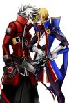  2boys absurdres black_gloves blazblue blonde_hair cowboy_shot crazy_eyes early_type faceoff forehead-to-forehead gloves green_eyes hand_on_hilt high_collar highres jacket jin_kisaragi military military_uniform multiple_belts multiple_boys nose ragna_the_bloodedge red_eyes red_jacket spiky_hair uniform white_gloves white_hair 
