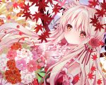  1girl animal_ears autumn_leaves blush bouquet cat_ears detached_sleeves floral_print flower hair_flower hair_ornament japanese_clothes kimono long_hair looking_at_viewer nanase_nao original pink_hair red_eyes silver_hair solo very_long_hair 