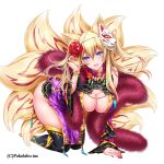  1girl akira_(natsumemo) animal_ears black_legwear blonde_hair blush bracelet breasts china_dress chinese_clothes cleavage cleavage_cutout detached_sleeves flower fox_ears fox_mask fox_tail hair_flower hair_ornament jewelry large_breasts long_hair looking_at_viewer mask nail_polish open_mouth original red_nails rose simple_background smile solo tail thigh-highs white_background 