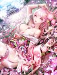  1girl breasts dadachyo flower hair_ornament long_hair looking_at_viewer lying pink_eyes pink_hair smile solo 