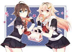  2girls black_hair blonde_hair blue_eyes braid doughnut gloves hair_ornament hair_ribbon kantai_collection long_hair multiple_girls red_eyes remodel_(kantai_collection) ribbon scarf school_uniform serafuku shigure_(kantai_collection) tanoki_(mituguma) yuudachi_(kantai_collection) 