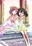  2girls bare_legs black_hair dress flower hair_flower hair_ornament hair_ribbon hand_on_another&#039;s_shoulder highres jewelry looking_at_viewer love_live!_school_idol_project multiple_girls necklace nishikino_maki red_eyes redhead ribbon shikei_(jigglypuff) short_hair side_slit sitting twintails violet_eyes yazawa_nico 
