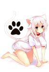  1girl absurdres anceril_sacred animal_ears bare_legs barefoot cat_ears cat_tail collar green_eyes highres long_hair looking_at_viewer mishima_kurone open_mouth original simple_background solo t-shirt tail white_background white_hair 