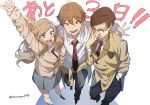  1girl 2boys aldnoah.zero brown_eyes brown_hair glasses kurumiya_hato matsuribi_kisaki multiple_boys nina_klein school_uniform tsumugi_yutaro twintails waving 