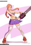  1girl belt blood blood_splatter breasts chainsaw cheerleader choker cleavage cosplay freckles full_body green_eyes grin highres jewelry juliet_starling juliet_starling_(cosplay) large_breasts leg_warmers lips lollipop_chainsaw long_hair low_twintails midriff orange_hair original pendant silly_girl sinner!_(sillygirl) skirt smile solo thigh-highs twintails wristband zettai_ryouiki 