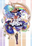  1girl blue_hair boots bow cross-laced_footwear food fruit hat hinanawi_tenshi knee_boots lace-up_boots nakaichi_(ridil) open_mouth peach puffy_short_sleeves puffy_sleeves rainbow red_eyes shirt short_sleeves skirt solo sword_of_hisou touhou 