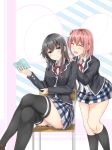  2girls black_hair blazer blue_eyes book chair closed_eyes hair_bun hair_ribbon long_hair multiple_girls orange_hair primamiya ribbon school_uniform sitting smile thigh-highs yahari_ore_no_seishun_lovecome_wa_machigatteiru. yuigahama_yui yukinoshita_yukino zettai_ryouiki 