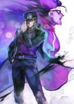  2boys adjusting_clothes adjusting_hat black_hair chain gakuran hat jojo_no_kimyou_na_bouken kuujou_joutarou long_coat multiple_boys oburaato purple school_uniform star_platinum 