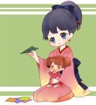  2girls anchor_symbol black_hair blue_ribbon brown_eyes brown_hair closed_mouth hair_ribbon houshou_(kantai_collection) japanese_clothes kantai_collection kimono kobone multiple_girls pacifier paper_airplane ribbon ryuujou_(kantai_collection) short_hair sitting sitting_on_lap sitting_on_person smile twintails white_legwear younger 