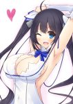  1girl arm_ribbon armpits arms_up bare_shoulders black_hair blue_eyes blush bow breasts cleavage cleavage_cutout covered_navel dress dungeon_ni_deai_wo_motomeru_no_wa_machigatteiru_darou_ka gloves hair_ornament hair_ribbon hands_up heart hestia_(danmachi) highres large_breasts long_hair looking_at_viewer one_eye_closed open_mouth rei_no_himo ribbon short_dress showing_armpits simple_background sleeveless sleeveless_dress smile solo tanakahazime twintails upper_body white_background white_dress white_gloves 