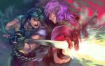  2boys blue_hair claws dio_brando jojo_no_kimyou_na_bouken jonathan_joestar multiple_boys oburaato purple_hair red_eyes sword vampire weapon 