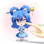  1girl :o blue_eyes blue_hair blush cheek_poking chibi dress flower hair_ornament hair_rings hair_stick hyoumon_(saihokutan) kaku_seiga one_eye_closed open_mouth poking short_hair skirt solo touhou vest 