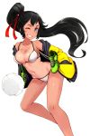  1girl artist_request ball bare_legs bikini black_hair blue_eyes breasts cleavage grin hair_ribbon hands_in_pockets high_ponytail jacket jpeg_artifacts large_breasts navel one-piece_tan one_eye_closed ponytail ribbon shiny shiny_skin shoes simple_background smile sneakers soccer_ball soccer_spirits solo string_bikini sue_(soccer_spirits) sweat swimsuit tan tanline white_background 