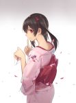  1girl black_hair finger_to_mouth floral_print gensou_kuro_usagi gradient gradient_background hair_ribbon highres japanese_clothes kimono letter long_sleeves looking_at_viewer love_letter love_live!_school_idol_project petals pink_eyes ribbon sash shushing smile solo twintails wide_sleeves yazawa_nico 