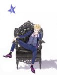  1boy arm_support blonde_hair blue_jacket blue_necktie blue_pants chair curly_hair expressionless formal giorno_giovanna hand_on_own_cheek jacket jojo_no_kimyou_na_bouken leg_up letters looking_at_viewer necktie open_clothes open_jacket purple_shoes saddle_shoes sculpture shadow shoes simple_background sitting solo star suit tie_clip uona white_background 