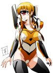  1girl armor black_legwear blonde_hair blush breasts breasts_apart contrapposto cosplay cowboy_shot cyclops detached_sleeves eva_00 eva_00_(cosplay) eyelashes highleg highleg_leotard highres hitomi_(hitomi_sensei_no_hokenshitsu) hitomi_sensei_no_hokenshitsu impossible_clothes impossible_leotard large_breasts legs_apart leotard long_hair looking_to_the_side low_ponytail mound_of_venus neon_genesis_evangelion one-eyed parted_lips pauldrons payot ponytail red_eyes s-now simple_background solo standing tattoo thigh-highs vambraces white_background 