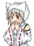  1girl animal_ears bare_shoulders blush detached_sleeves hand_to_own_mouth highres inte_(whitewolftail) inubashiri_momiji looking_at_viewer pom_pom_(clothes) red_eyes ribbon-trimmed_sleeves ribbon_trim short_hair silver_hair simple_background solo touhou white_background wolf_ears 