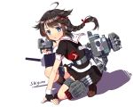  &gt;:o 1girl :o ahoge blue_eyes braid brown_hair cannon character_name cnm commentary fingerless_gloves gloves hair_flaps hair_ornament hair_ribbon kantai_collection kneehighs kneeling looking_at_viewer machinery necktie pleated_skirt remodel_(kantai_collection) ribbon school_uniform serafuku shigure_(kantai_collection) shoes single_braid skirt solo turret 