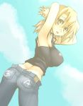  1girl armpits arms_behind_head black_shirt breasts butt_crack clouds cloudy_sky denim ga_geijutsuka_art_design_class hands_clasped interlocked_fingers jeans large_breasts light_brown_eyes light_brown_hair looking_at_viewer nozaki_namiko pale_color pants shirt sky solo sweat tank_top wanabeee 