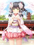  1girl black_hair blush cherry_blossoms flower green_eyes hair_flower hair_ornament hair_ribbon highres japanese_clothes kimono long_hair namaru_(summer_dandy) petals ribbon short_kimono side_ponytail skirt solo 