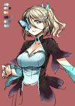  1girl blonde_hair blue_eyes breasts butterfly cleavage color_guide detached_sleeves eyepatch one_side_up pas_(paxiti) red_background solo upper_body 