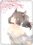  1girl animal_ears black_hair breasts cherry_blossoms cleavage final_fantasy final_fantasy_xiv highres miqo&#039;te off-shoulder_dress pink_eyes ponytail 