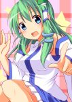  1girl :d bare_shoulders blue_eyes blush breasts detached_sleeves frog_hair_ornament green_hair hair_ornament hair_tubes jumping kochiya_sanae long_hair looking_at_viewer nitizyo open_mouth plaid plaid_background pointing pointing_at_viewer skirt smile snake_hair_ornament solo star touhou 