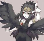  1girl armlet armpits black_hair black_wings breasts duel_monster fabled_grimro feathers fingernails green_eyes hair_ornament highres jewelry multicolored_eyes pale_skin pointing pointing_at_viewer pointy_ears red_sclera sharp_fingernails shintani_tsushiya smile solo wings yuu-gi-ou 