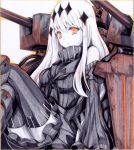  1girl aircraft_carrier_water_oni armored_boots bare_shoulders black_dress black_legwear boots breasts cannon crossed_legs detached_sleeves dress hair_ornament iroha_(nullpo) kantai_collection knee_boots large_breasts long_hair mecha_musume orange_eyes ribbed_dress sailor_dress shinkaisei-kan short_dress sitting solo thigh-highs traditional_media turret white_hair white_skin 