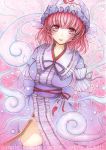  1girl arm_ribbon artist_name blue_legwear breasts bubble colored_pencil_(medium) commentary_request dated highres hitodama japanese_clothes kimono long_sleeves looking_at_viewer marker_(medium) mii@chiffonx mob_cap obi open_clothes open_kimono parted_lips pink_background pink_eyes pink_hair ribbon ribbon-trimmed_collar ribbon-trimmed_sleeves ribbon_trim saigyouji_yuyuko sample sash short_hair skindentation solo teeth thigh-highs thighs touhou traditional_media triangular_headpiece veil watermark wide_sleeves 